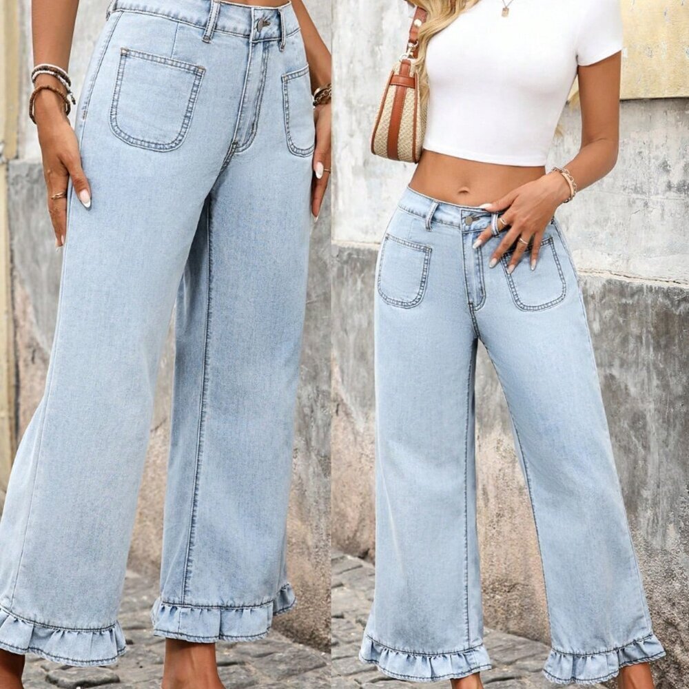 Blue Casual Women's Ruffled Hem Wide Leg Jeans